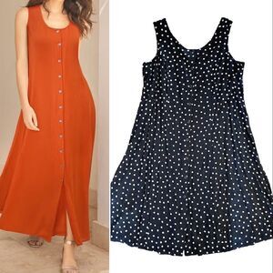 VTG Y2K Black White Polka Dot Sleeveless Button Up Midi Dress *XL